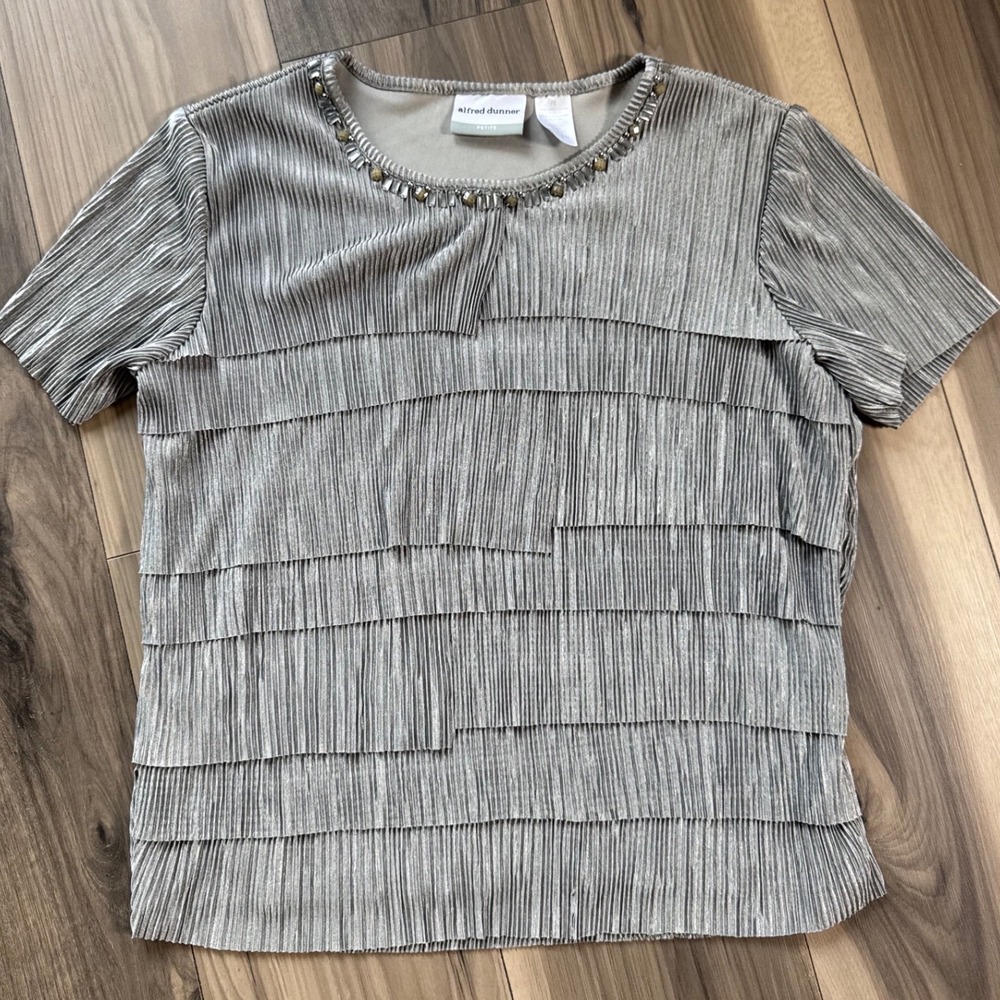 Alfred Dunner Petite Silver Metallic Plisse Tiered Beaded Neck Top PS